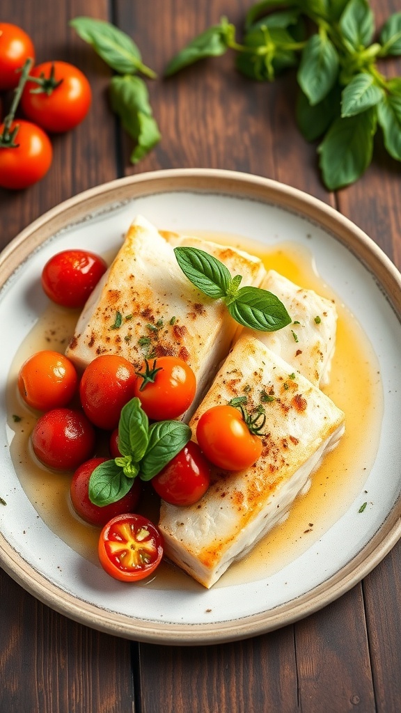 Baked cod fillets with cherry tomatoes and herbs on a rustic table.